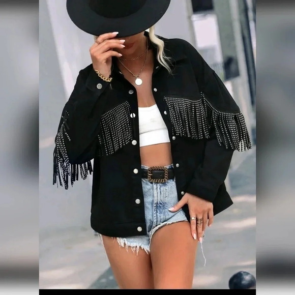 Fringe Trim Drop Shoulder Denim Jacket - Picture 4 of 6